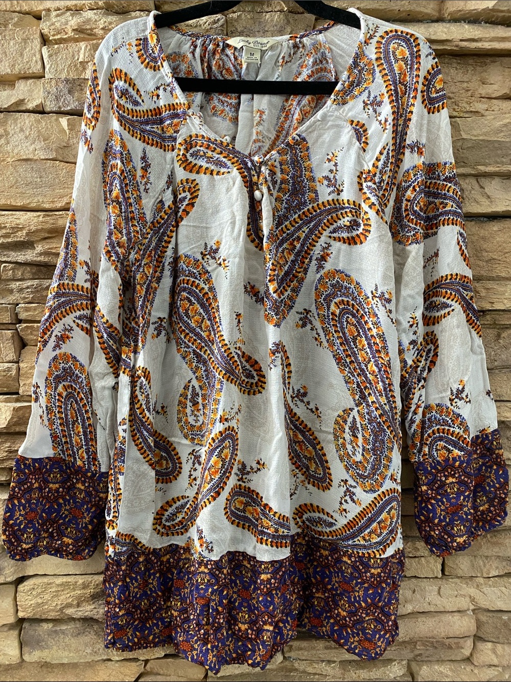 Lucky Brand White and Orange Paisley Print Long Sleeve Boho Blouse Medium